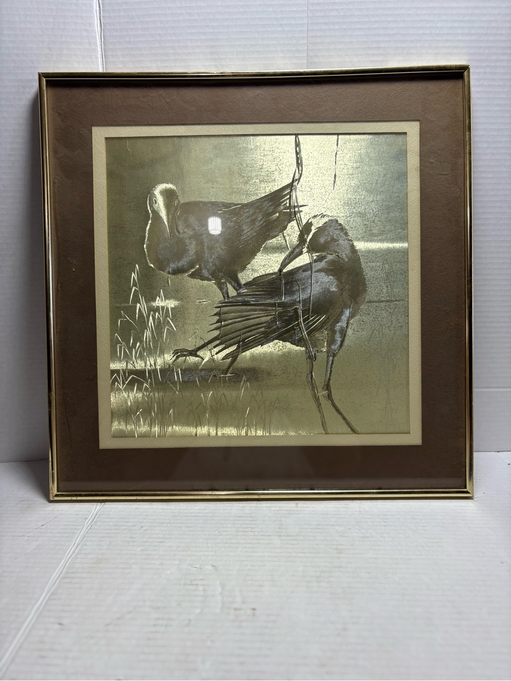 Metallic Gold Bird Wall Art with Brown Frame